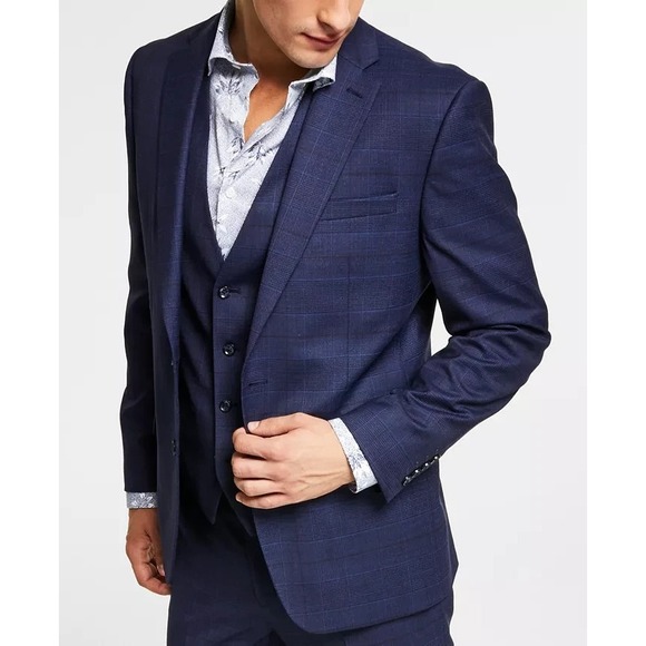 Bar III Men's Slim-Fit Wool Suit Jacket Size 44S Navy Plaid E07996